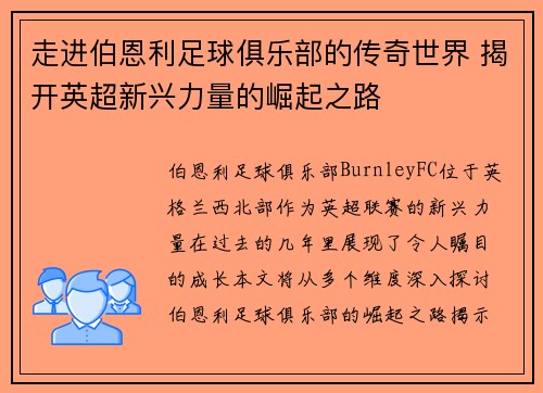 走进伯恩利足球俱乐部的传奇世界 揭开英超新兴力量的崛起之路